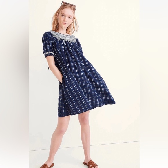 Madewell Embroidered Puff-Sleeve Babydoll Dress in Indigo Plaid Size XS - Picture 2 of 13